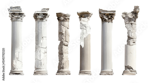 Set of broken and damaged ancient Greek columns isolated on white background
