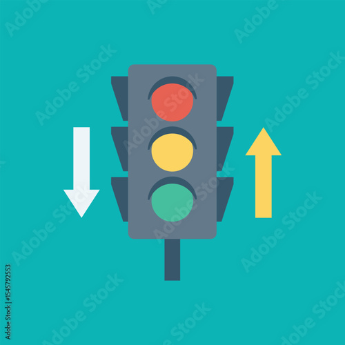 Flat illustration of a traffic light with red, yellow, and green signals, accompanied by up and down arrows on a teal background. Ideal for transport, rules, or road safety visuals.