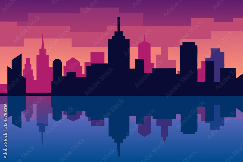 Fototapeta premium Pixel Art Cityscape Sunset Silhouette and Water Reflection