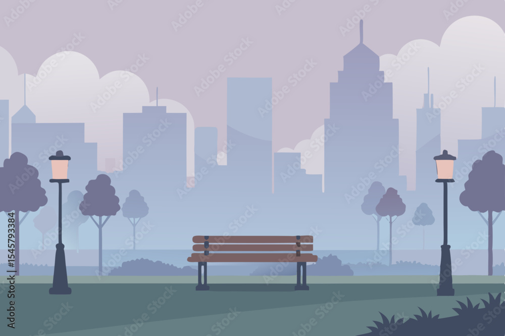 Obraz premium Serene City Park Bench Misty Morning Urban Landscape Illustration