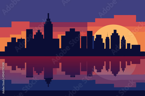 Pixel Art Cityscape Sunset Silhouette over Calm Waters