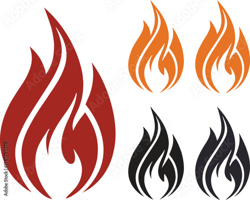 Set of Stylized Flame Icons in Red Orange and Black Vector Fire Symbols Isolated on White

