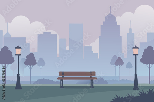 Serene City Park Bench Misty Morning Urban Landscape Illustration