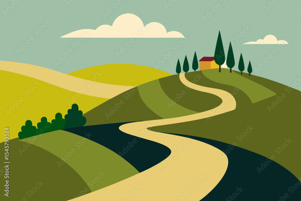 Obraz premium Winding Country Road Through Rolling Hills and Tuscan Landscape
