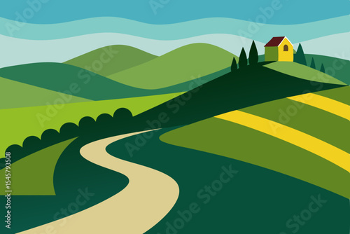 Serene Hillside Landscape Winding Road, Lush Greens, and a Cozy House