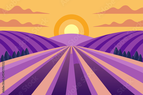 Sunset over Lavender Fields A Serene Purple Landscape Illustration