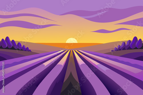 Sunset over Lavender Fields A Serene Purple Landscape Illustration