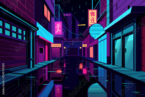 Neon Nightscape Rain-slicked Alleyway in a Vibrant City