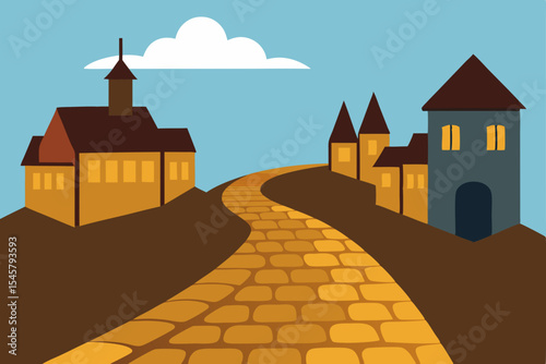 Winding Cobblestone Road Leading to Picturesque Medieval Village