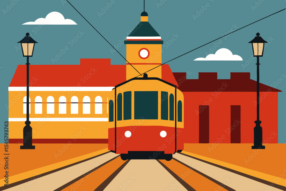 Vintage Tram in City Square Retro Transportation Illustration