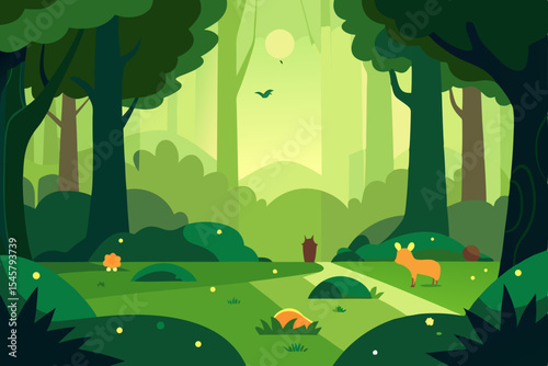 Serene Forest Path Tranquil Nature Illustration of Lush Greenery and Wildlife