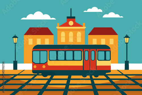 Charming Town Square with Vintage Tram A Retro Cityscape Illustration
