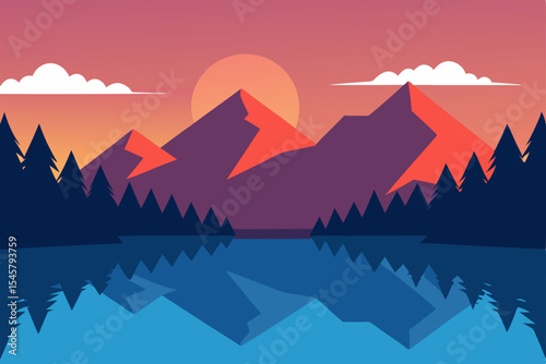 Serene Sunset Mountain Lake Reflection Landscape Illustration