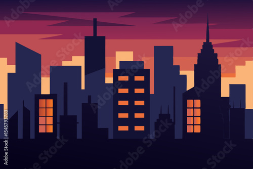 Cityscape Silhouette at Dusk Urban Skyline Illustration