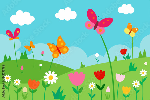 Vibrant Spring Meadow Butterflies and Flowers in Bloom