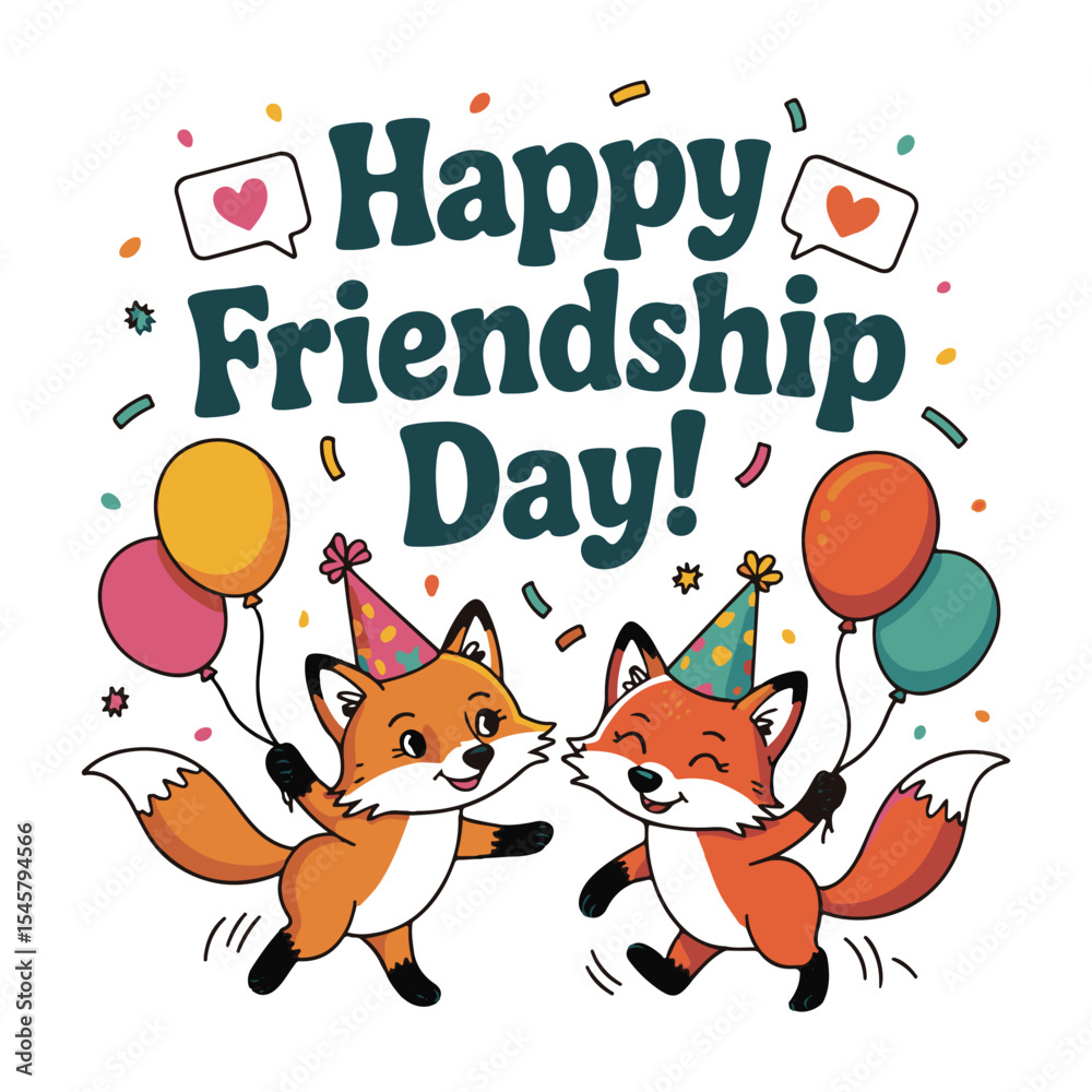 Fototapeta premium Happy Friendship Day Kawaii Foxes Celebrating with Balloons and Confetti