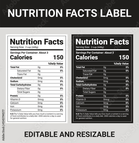 Two Editable and Resizable Nutrition Facts Labels Calories, Fat, Carbohydrates, and Micronutrient Information
