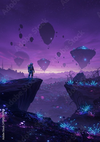 Astronaut views purple landscape