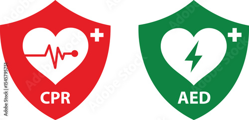 CPR and AED design logo template. CPR and AED sign, logo, badge, icon, sticker, label, emblem, stamp, symbol, black, line, flat vector, isolated illustration.