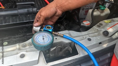 Auto mechanic checking car AC refrigerant pressure with gauge to detect leakage. Vehicle air conditioning maintenance and freon level inspection in a garage.