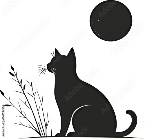 Silhouette of a black cat gazing at a full moon, surrounded by gentle grass.