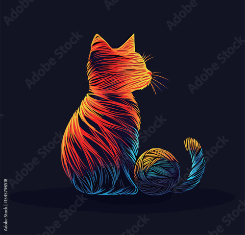 Colorful digital illustration of a cat with a yarn ball in vibrant hues.