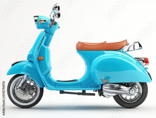 Light Blue Vintage Scooter with Tan Leather Seat on White Background