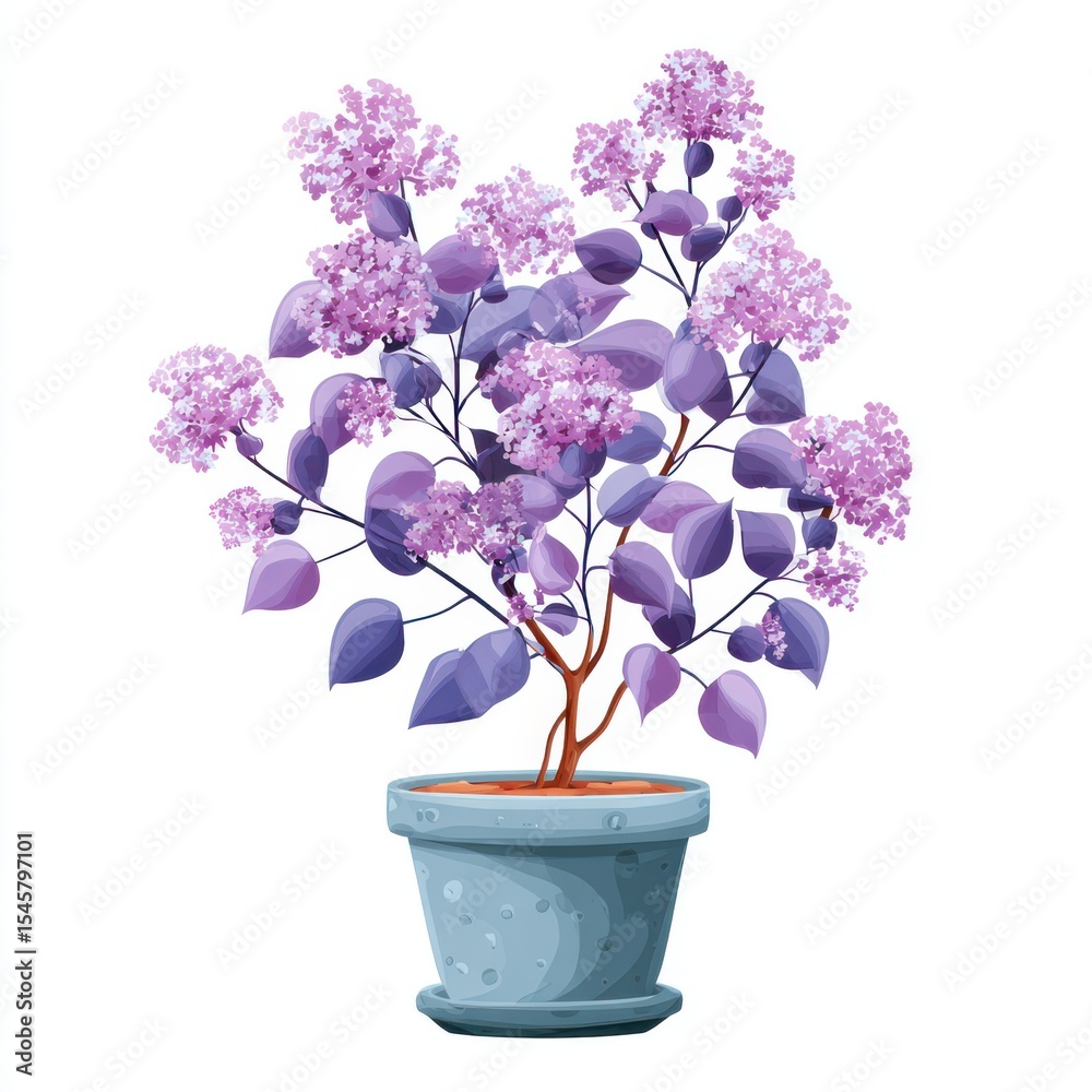 Naklejka premium Lilac Bush in Gray Pot Against White Background