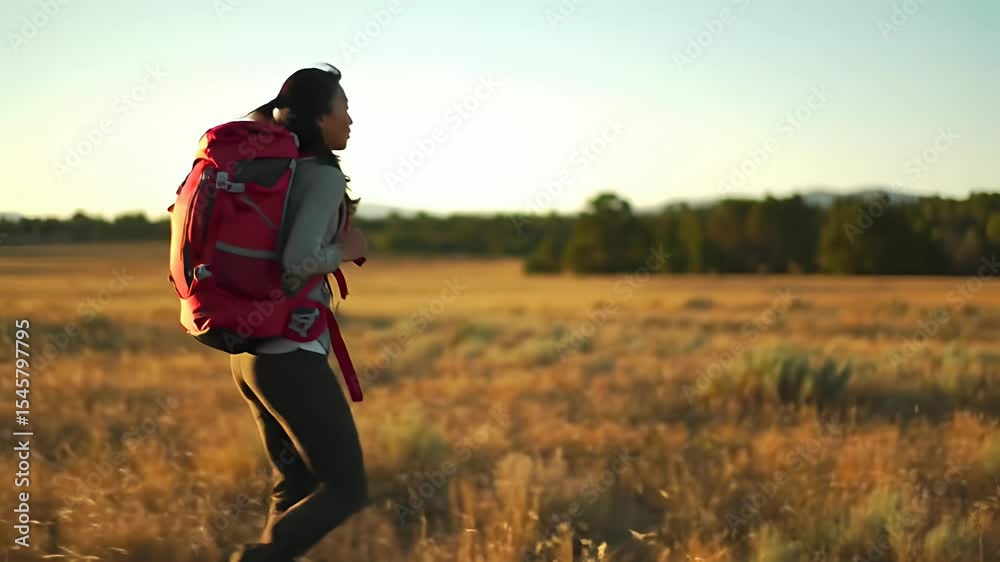 Woman with backpack walks field at sunset, focus on her and bag Woman with backpack walks field at sunset, focus on her and bag