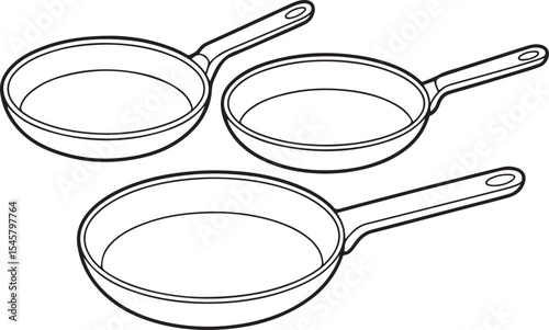 Three frying pans in varying sizes and styles in line art design representing kitchen tools for cooking and home appliances