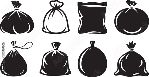 Set of black silhouette trash bags, pouches, and waste sacks with tied and untied options for waste management and disposal design