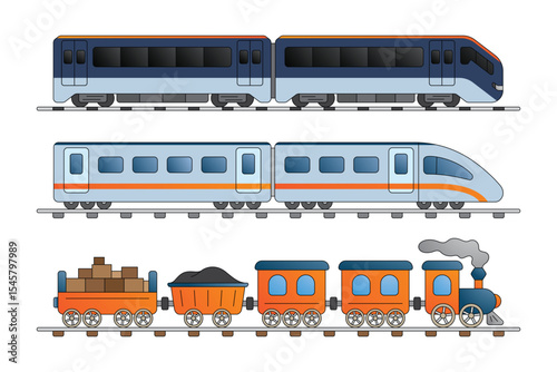 Modern and vintage train collection. Old and electric high speed passenger trains. Railroad travel and railway tourism. Subway transport underground train. Cartoon train set illustration.