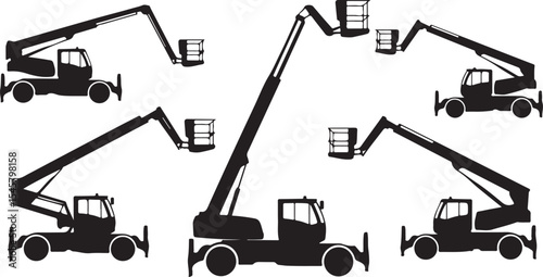 Hydraulic lift trucks with extended arms in silhouette representing construction, maintenance, and height work tools