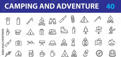 Camping and Adventure outdoor adventure vector line icons.,  Tent, Campfire, Backpack, Compass, Hiking Boots, Map, Flashlight