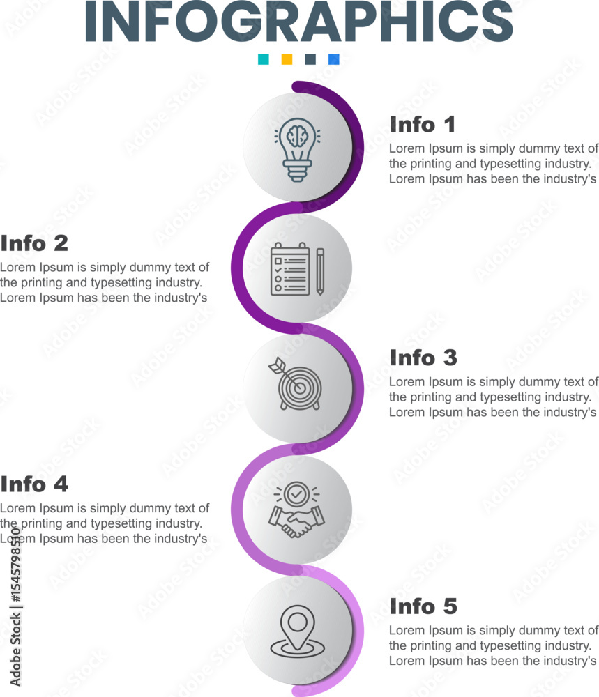 Naklejka premium Five-Step Infographics Presentation Design with graphics elements and icons for business growth mapping, presentation, and research results.
