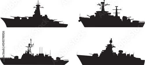 Silhouettes of naval warships with radar towers and battleship design representing military defense, sea operations, and marine warfare