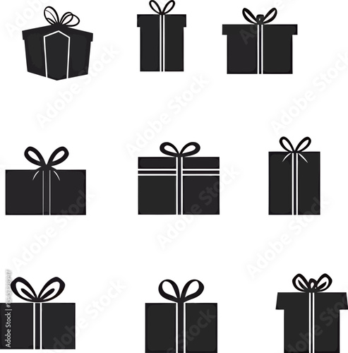 A collection of minimalistic black gift boxes with white bows, perfect for any occasion.