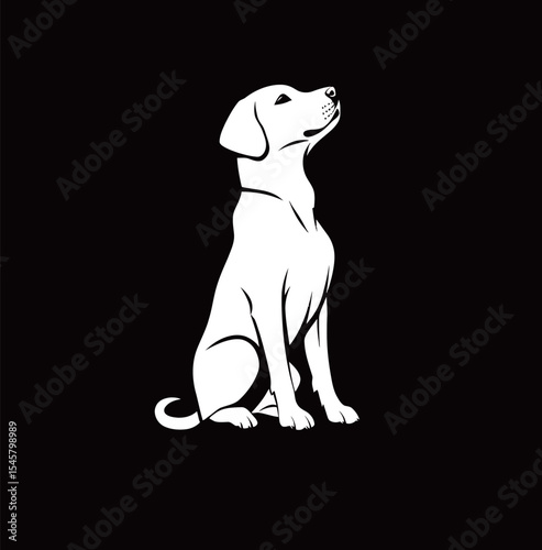 White silhouette of a sitting dog against a black background.