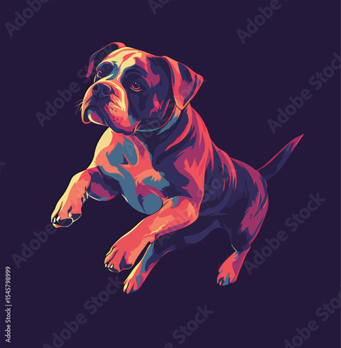 Colorful illustration of a playful dog leaping in mid-air.