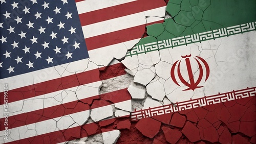 Cracked Flags of USA and Iran Highlighting Political Fracture and Geopolitical Tension