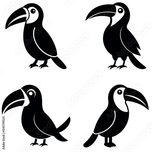 Four Black Toucan Silhouettes with White Details on a White Background Pattern