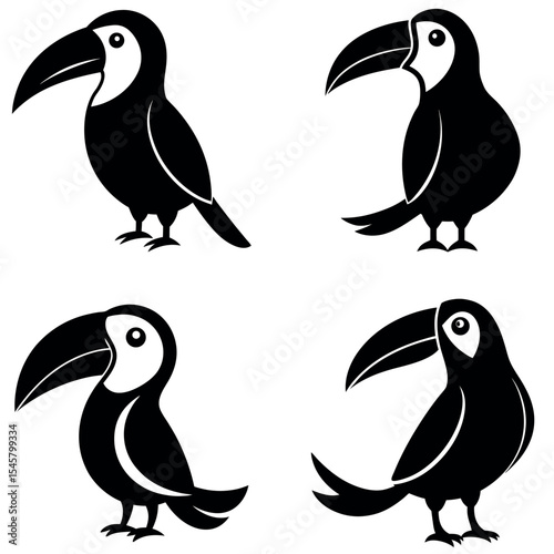 Four Black Toucan Silhouette Illustrations on a White Background, Perfect for Design Projects