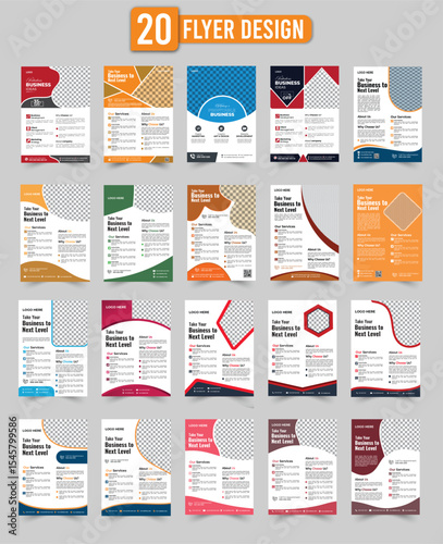 Twenty modern business flyer designs featuring customizable templates for promotional materials and advertising