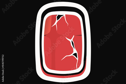 Red cracked window, damaged airplane pane, for website design