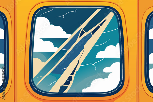 Airplane window, cracked, sky view, travel disruption, for website design