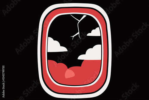 Damaged airplane window, red and black, for design projects