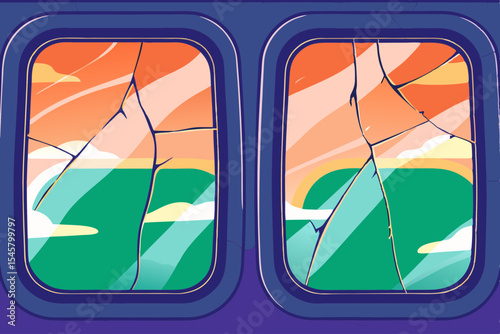 Airplane window panes cracked, sunset view, for travel blog design