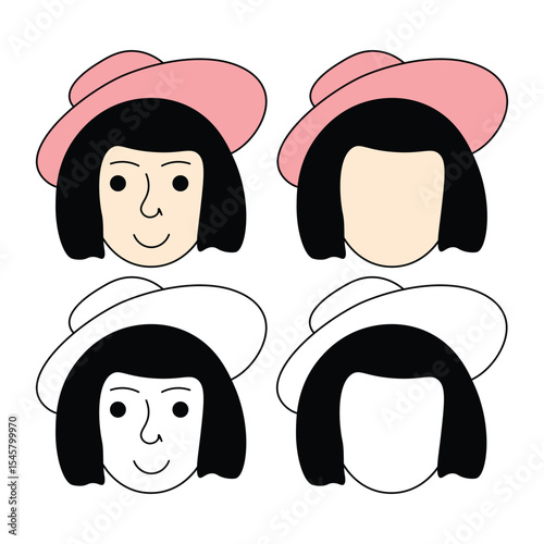 A female face is a construction kit. A children s coloring book with a picture of a woman s head in a hat. The vector illustration is highlighted on a white background.