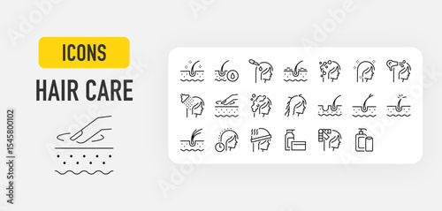 Hair care web icons in line style. Strength, Hair , Washing, Healthy, Bubbles, Unhealthy, Follicle, Heat, Styling collection. Vector illustration.