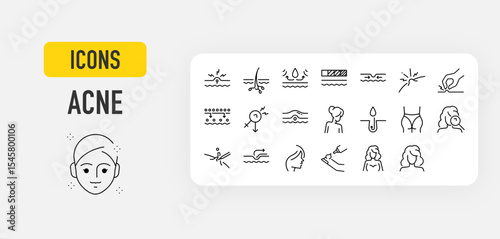Acne web icons in line style. Skin, Glands, Facial, Gluta, Repair, Squeeze, Molecule, Dermatology, Back, Face, Cleaning, Treatment, Cream collection. Vector illustration.